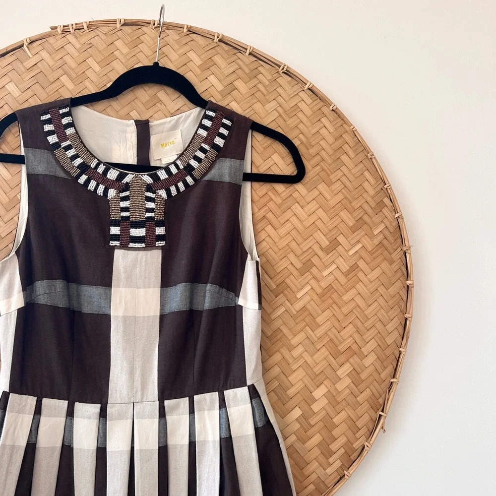 ANTHROPOLOGIE MAEVE BROWN PLEATED FIT & FLARE BEADED NECKLINE IVY‎ LEAGUE DRESS - Picture 8 of 15